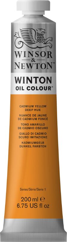 Winton Oil Paints in 200ml featuring vibrant CADMIUM YELLOW DEEP HUE 115, ideal for artists with rich pigment and smooth application.