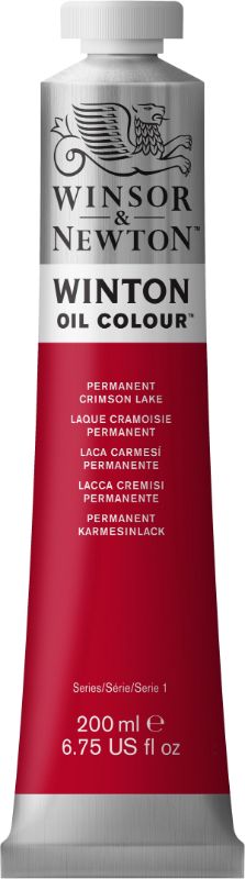 Vibrant 200ml tube of Winsor & Newton Winton Oil Paint in Permanent Crimson Lake, ideal for artists seeking high pigment quality.