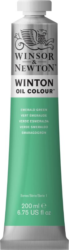 Vibrant 200ml tube of Winsor & Newton Winton Oil Paint in Emerald Green 241, featuring rich pigments for professional quality artwork.