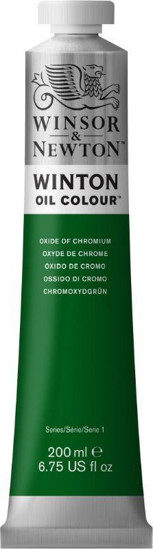 200ml tube of Winsor & Newton Winton Oil Paint in Oxide Chromium 459, offering vibrant color, high pigment load, and permanence.