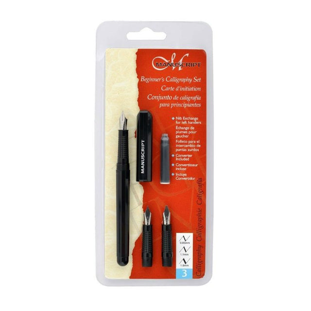 Left-handed calligraphy set featuring 3 specialized nibs, a Dodec pen, converter, and ink cartridge for beautiful writing.