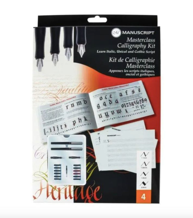 Manuscript Masterclass Calligraphy Kit with pens, nibs, ink cartridges, and a guide for learning elegant calligraphy styles.