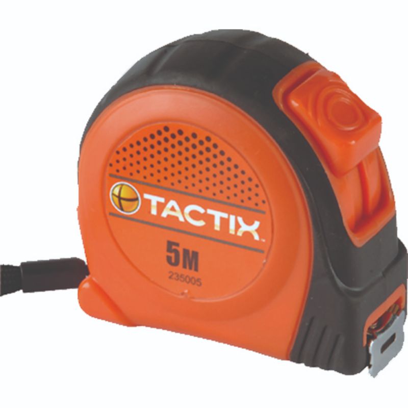 Tactix 5m x 19mm tape measure with durable casing and easy-to-read markings for accurate home improvement measurements.