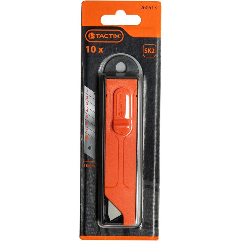 Tactix 10-pack 18mm snap-off knife blades for precision cutting in crafting and professional applications.