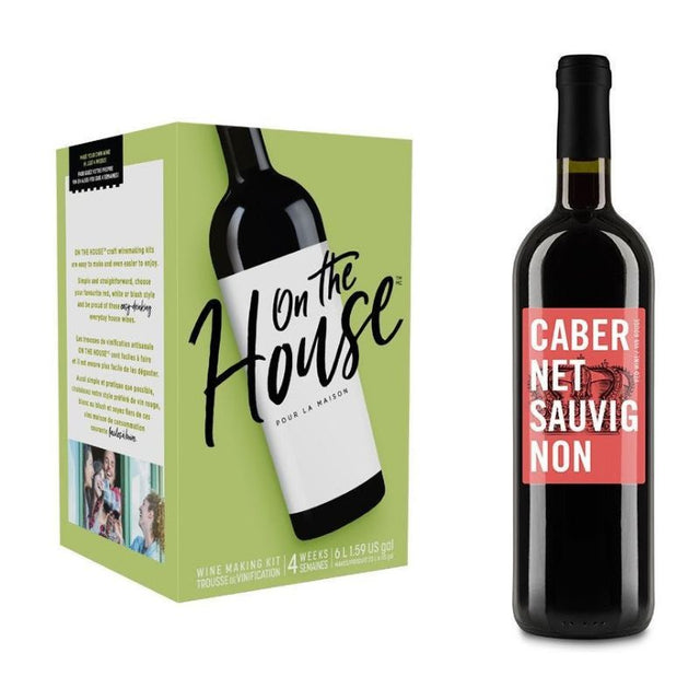 Home winemaking kit for crafting rich Cabernet Sauvignon with black fruit flavors and oak notes, perfect for beginners and enthusiasts.