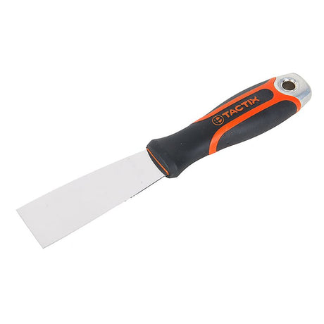 Tactix 38mm flexible putty knife with ergonomic handle for precision in smoothing and applying joint compound and spackling.