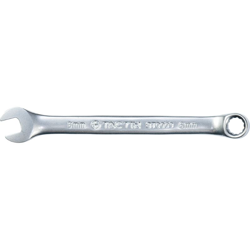 Tactix 6mm combination spanner with open-end and ring-end for versatile fastener applications, ergonomic grip, and durable design.