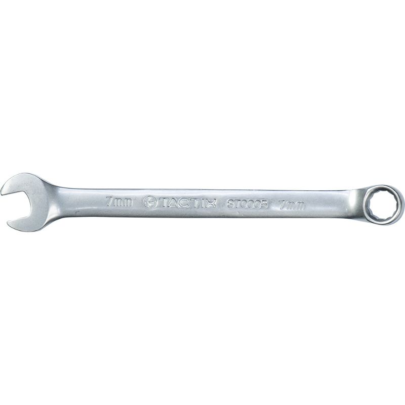 Tactix 7mm combination spanner made from chrome vanadium steel, perfect for automotive and household repairs.