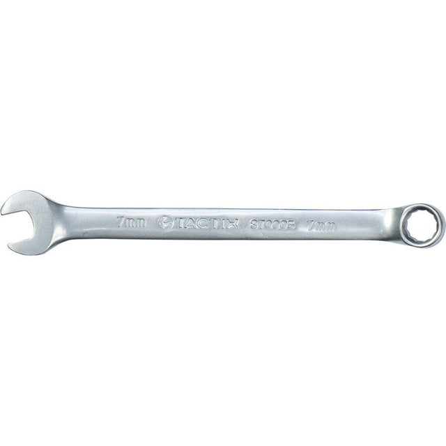 Tactix 7mm combination spanner made from chrome vanadium steel, perfect for automotive and household repairs.