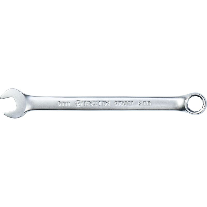 Tactix 8mm combination spanner in chrome vanadium steel, featuring open-end and ring-end for versatile use in various tasks.