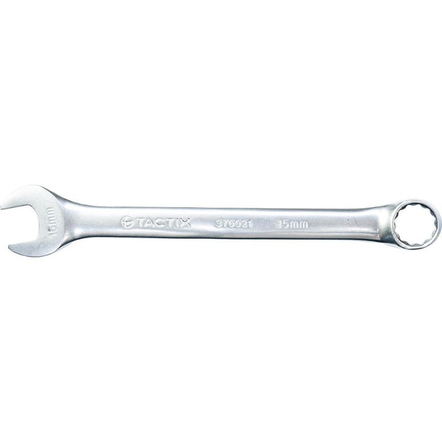 Tactix 15mm Combination Spanner with chrome vanadium steel, featuring open-end and ring-end for versatile tightening and loosening.