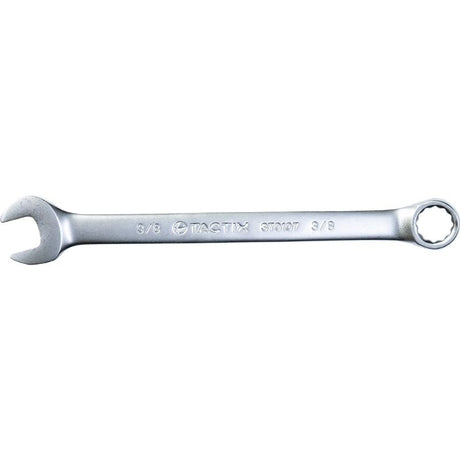 Tactix Combination Spanner 3/8in in chrome vanadium steel, featuring dual open-end and box-end for versatile fastener use.