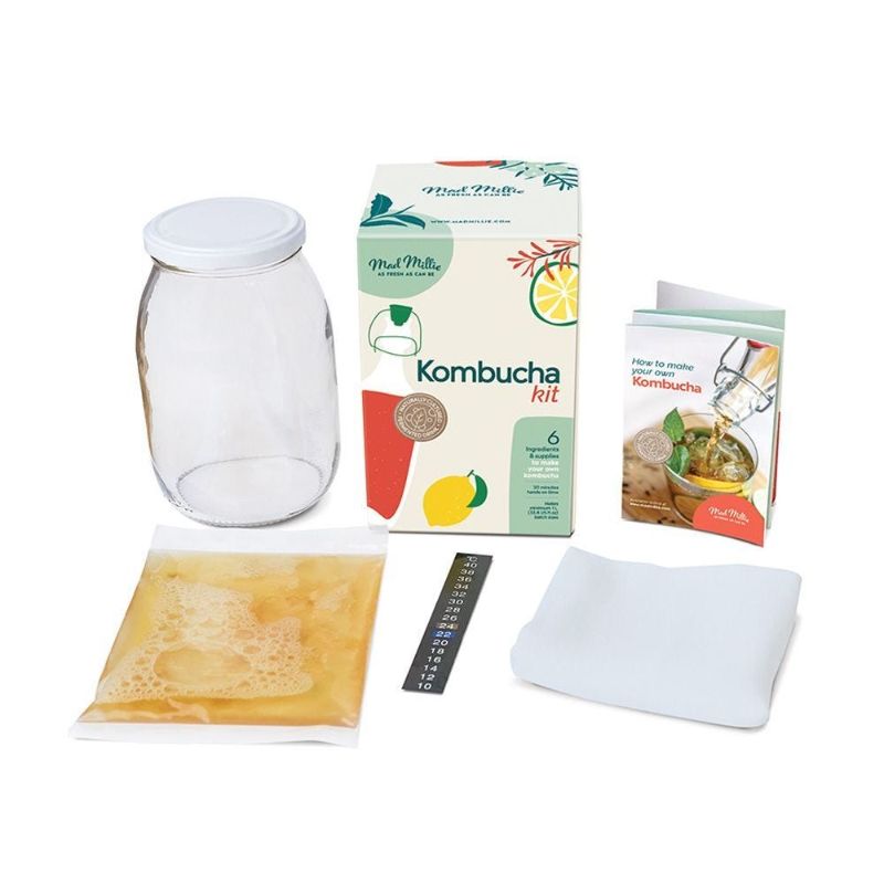 Mad Millie Kombucha Kit with SCOBY for brewing 1 liter of probiotic-rich, homemade kombucha; includes glass jar and guide.