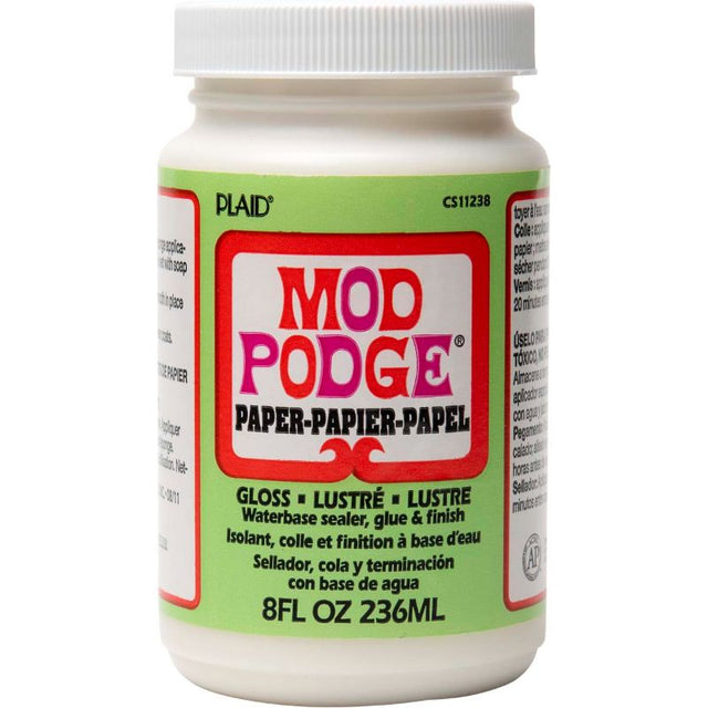 Mod Podge Paper Gloss 8OZ bottle, a versatile, quick-drying decoupage glue with a smooth, glossy finish for crafting projects.