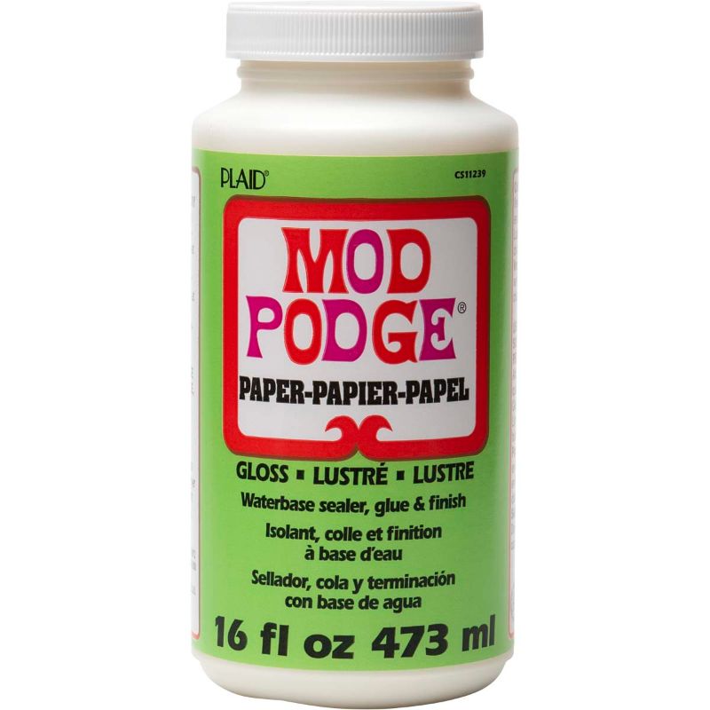 Mod Podge Paper Gloss 16OZ bottle, a water-based adhesive for crafting with a glossy finish, safe and quick-drying for paper projects.