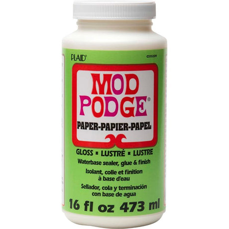 Mod Podge Paper Gloss 16OZ bottle, a water-based adhesive for crafting with a glossy finish, safe and quick-drying for paper projects.