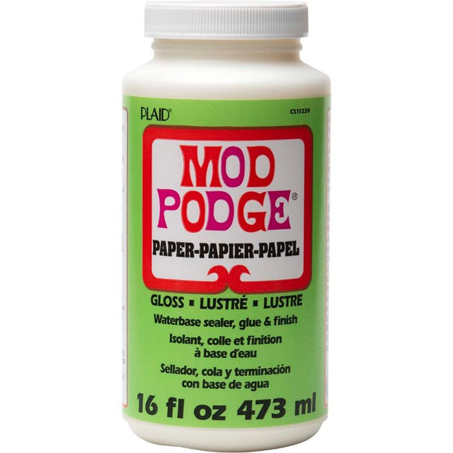 Mod Podge Paper Gloss 16OZ bottle, a water-based adhesive for crafting with a glossy finish, safe and quick-drying for paper projects.