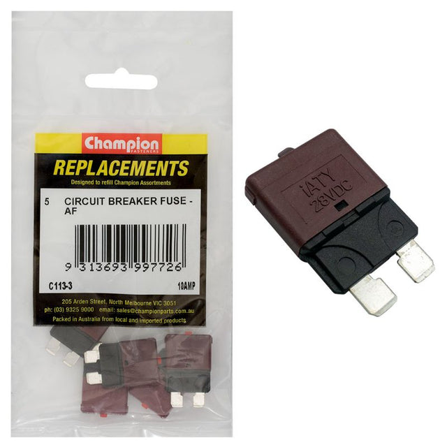 Five-pack of Champion AF 10Amp blade fuses for automotive electrical protection and circuit overload safety.