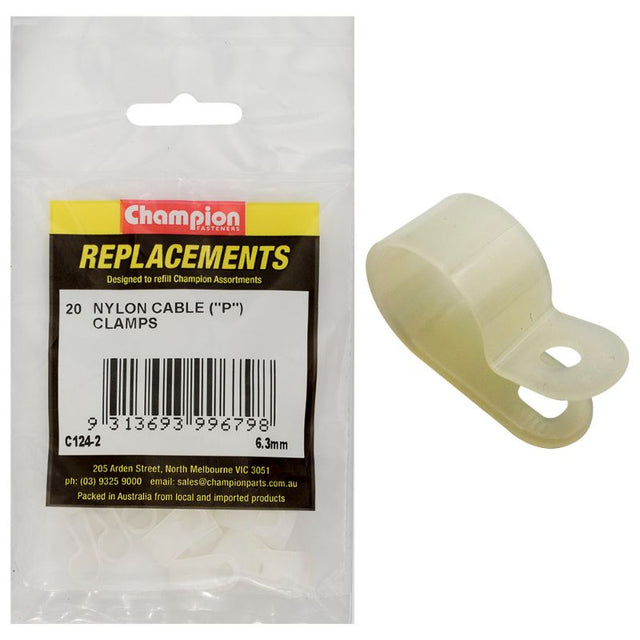 Champion Nylon Cable P-Clamp 6.3mm - 20pk for organizing cables, durable nylon, ideal for home or industrial use.