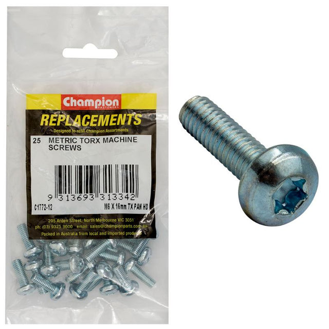 Pack of 25 Champion M6 x 16mm pan head machine screws with Torx drive for durable and versatile fastening applications.