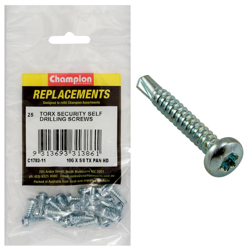 Champion 10G self-drilling screws in a 25-pack, featuring a pan head for flush finishes and ease of installation.