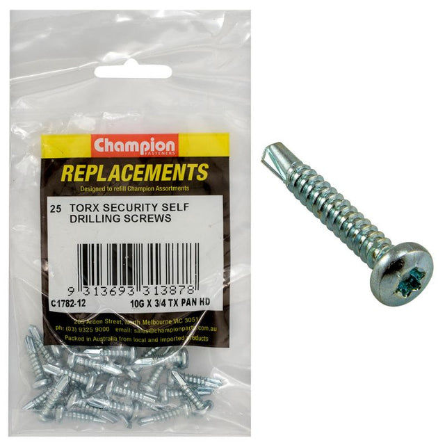 Self-drilling Champion screws in a 25-pack, 10G x 3/4in, with pan head and TX drive for secure fastening and easy installation.