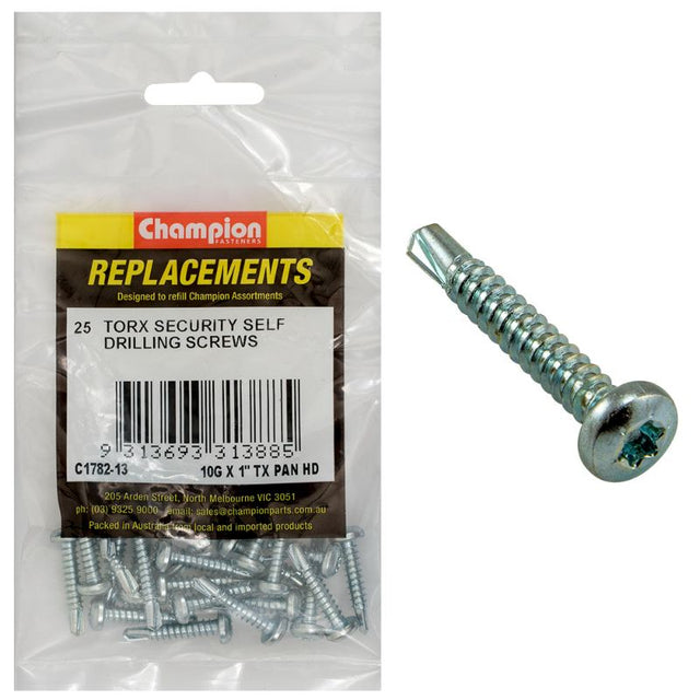 Champion 10G x 1in self-drilling screws pack of 25, featuring pan head design and robust Torx drive for reliable fastening.