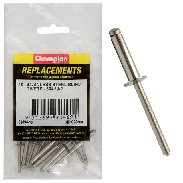 Stainless steel Champion 5mm x 30mm blind rivets, 25-pack, ideal for strong, durable fastening in various projects.