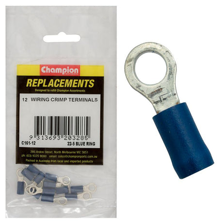Durable 5/16 blue ring terminal for 10-12 AWG wire, ensuring secure connections in automotive, marine, and home wiring.