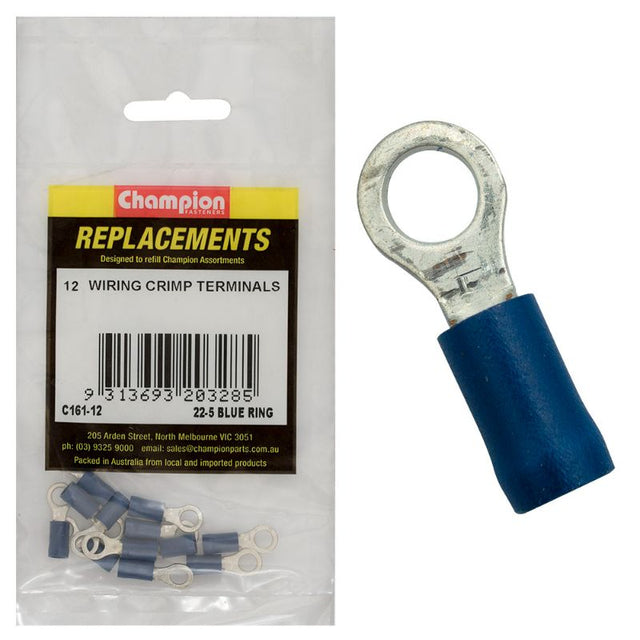 Durable 5/16 blue ring terminal for 10-12 AWG wire, ensuring secure connections in automotive, marine, and home wiring.