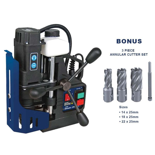 Holemaker PRO35 MagBase Drill with 920W power, 350RPM speed, and bonus cutter set for efficient metalworking.