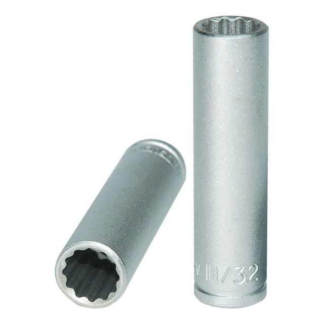 Teng 1/4in drive deep socket 11/32in, chrome vanadium steel for durability, 12pt for versatile fit in tight spaces.