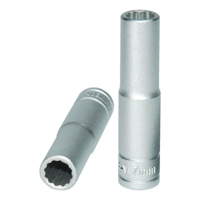 Teng 1/4in deep socket 7mm 12pt, crafted from chrome vanadium steel for durability and precision in tight spaces.