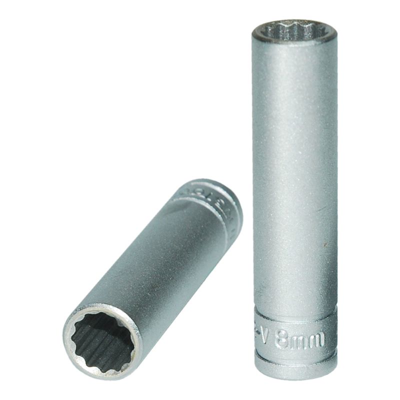 Teng 1/4in Drive Deep Socket 8mm 12pt, durable chrome vanadium steel tool for efficient automotive repairs.