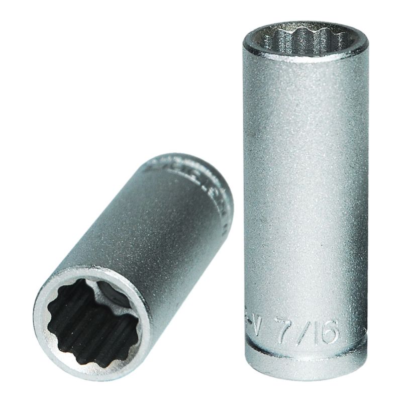 Teng 3/8in drive deep socket 7/16in 12pt, crafted from chrome vanadium steel for durability and efficiency in repairs.
