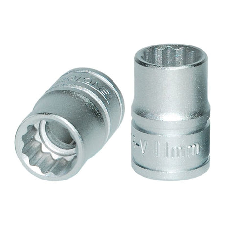Teng 3/8in drive socket, 11mm 12pt, crafted from chrome vanadium steel for durability and precise grip in tight spaces.
