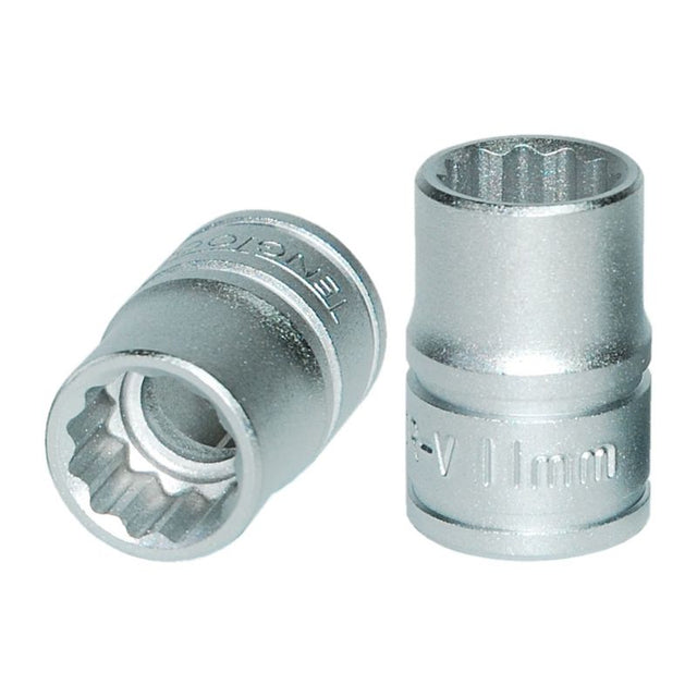Teng 3/8in drive socket, 11mm 12pt, crafted from chrome vanadium steel for durability and precise grip in tight spaces.