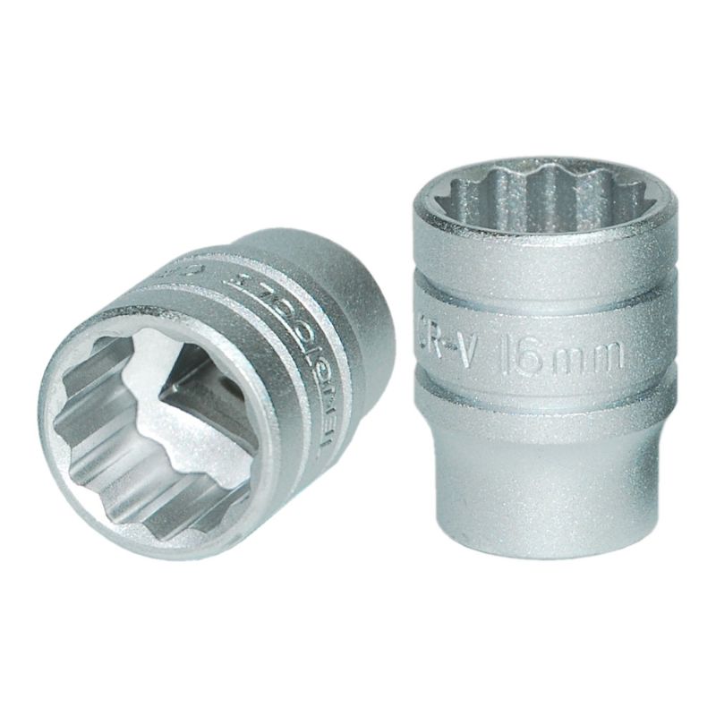 Durable 16mm 12-point Teng socket for mechanics, crafted from chrome vanadium steel for strength and reliability.