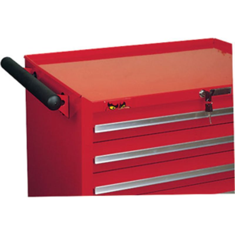 Ergonomic black rubber handle for roller cabinets, providing a secure grip and enhancing workspace comfort and efficiency.