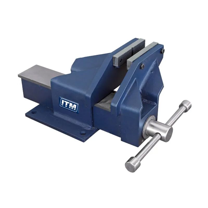 ITM 150mm steel bench vice with offset jaw for enhanced visibility and secure gripping in DIY and professional projects.