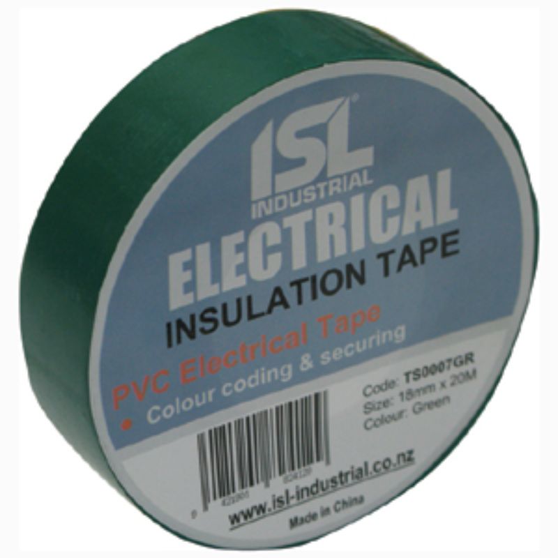 Vibrant green PVC insulation tape, 18mm wide, 20m long, ideal for durable electrical insulation indoors and outdoors.