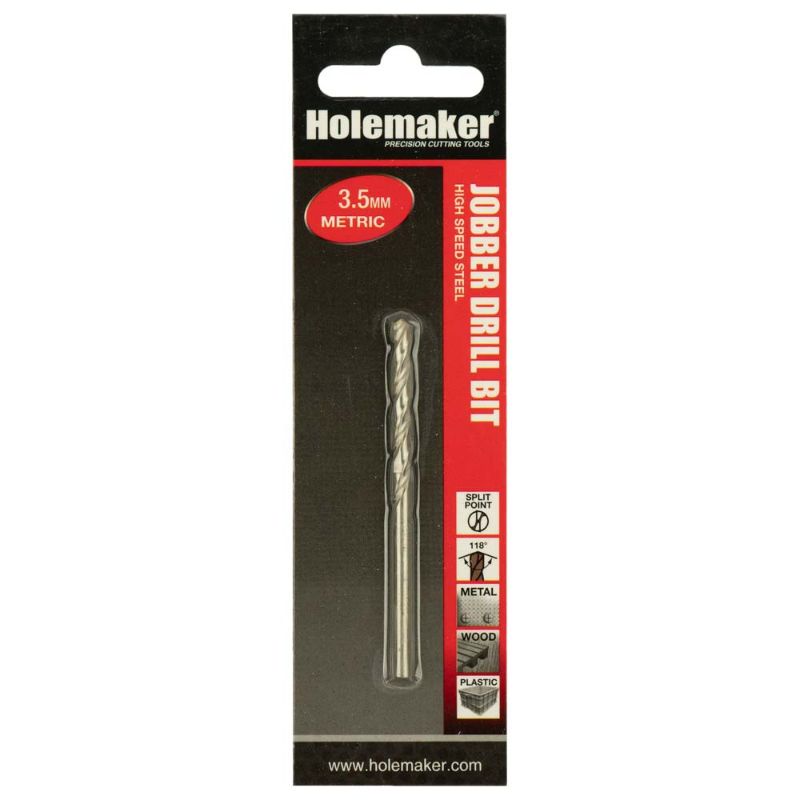 Holemaker Jobber Drill 3.5mm in carded packaging, designed for precision drilling in metal, wood, and plastic.