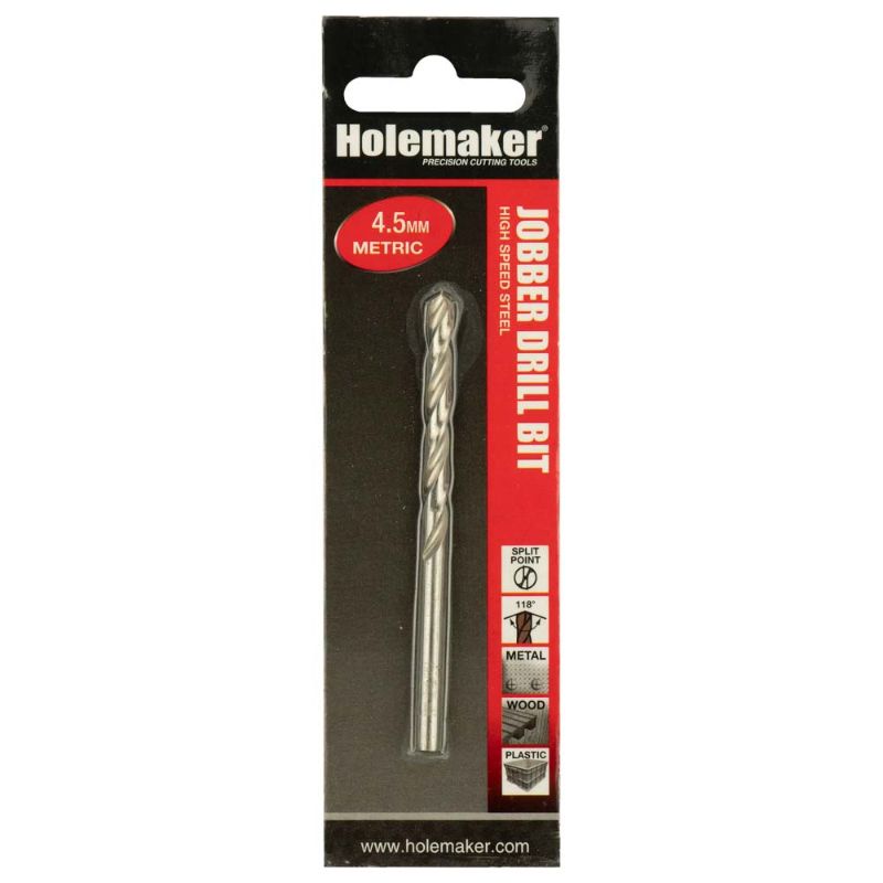 4.5mm Holemaker Jobber Drill bit, designed for precision drilling in metal, wood, and plastic; carded for easy storage.