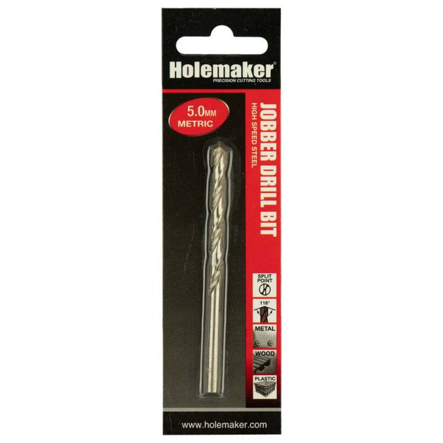 5.0mm Holemaker Jobber Drill bit, high-speed steel, ideal for precision drilling in steel, wood, and plastic.