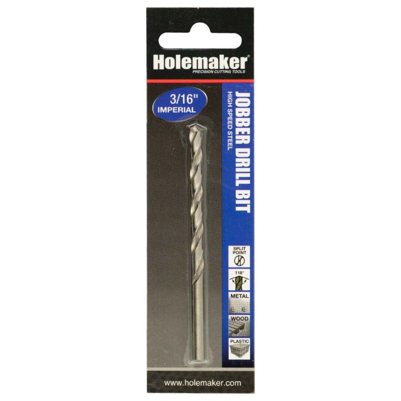 3/16 inch Holemaker Jobber Drill, carded packaging, designed for precision drilling in metal, wood, and plastic.