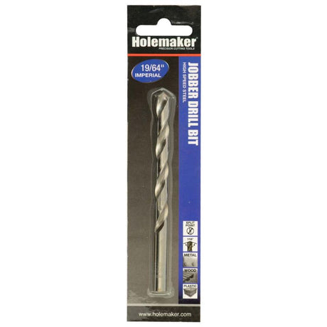 High-performance 19/64in jobber drill bit for metal, wood, and plastic; durable, precise, and carded for easy storage.