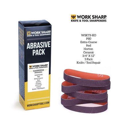 Five durable P80 ceramic belts for woodworking, offering precision shaping and profiling for wood, metal, and plastics.