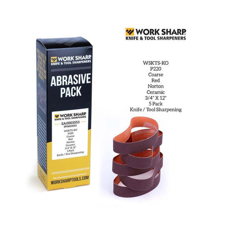 Five ceramic replacement belts for tool sharpening, P220 grit for fine finishing in woodworking and metalworking.