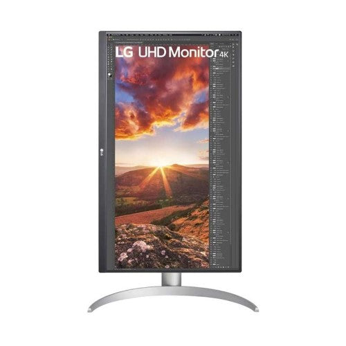 27-inch LG UHD 4K IPS monitor featuring 3840 x 2160 resolution, 5 ms response time, and vibrant edge LED backlighting.