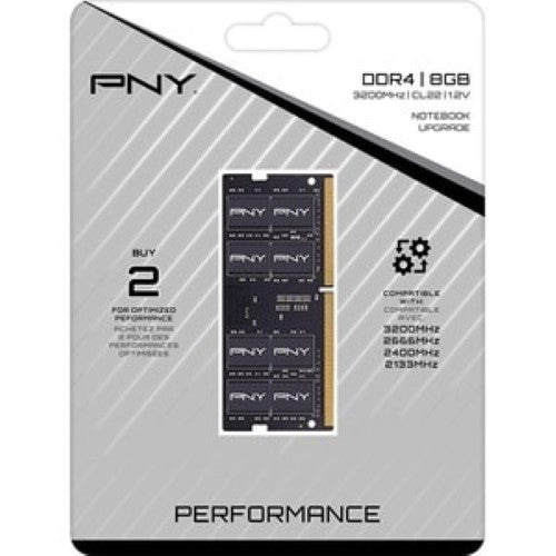 8GB PNY Performance DDR4 3200MHz SODIMM memory module for enhanced multitasking and efficient data transfer in notebooks.